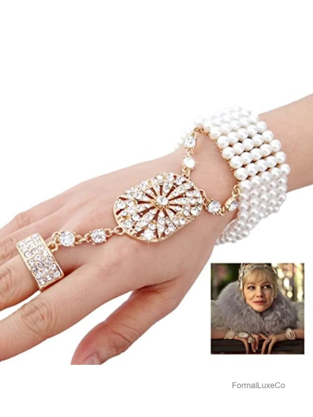 Art Deco Flower Crystal Simulated Pearl Bracelet Ring Set Gatsby Bride Prom